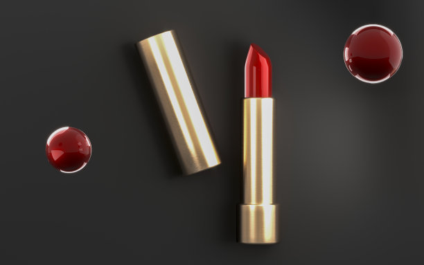 化妆广告模板，时尚口红化妆品化妆美容产品。迷人的红色口红模拟黑色和金色的背景。时尚化妆设计。三维演示图片下载