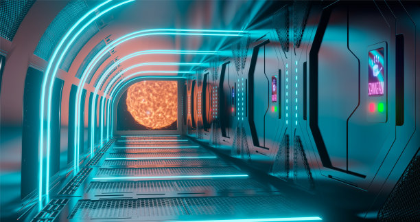 3 d渲染。空间站奇妙的走廊，或者飞船未来主义的内部，用浅蓝色的霓虹灯照明。图解说明。图片下载