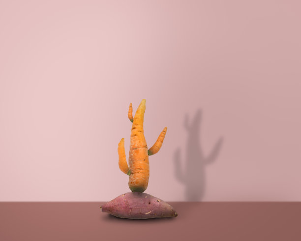 创意的胡萝卜和土豆像仙人掌在粉红色的背景图片下载