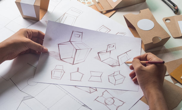 设计师草图设计棕色工艺纸板纸制品生态包装模型盒开发模板包装品牌标签。设计师工作室概念。图片下载