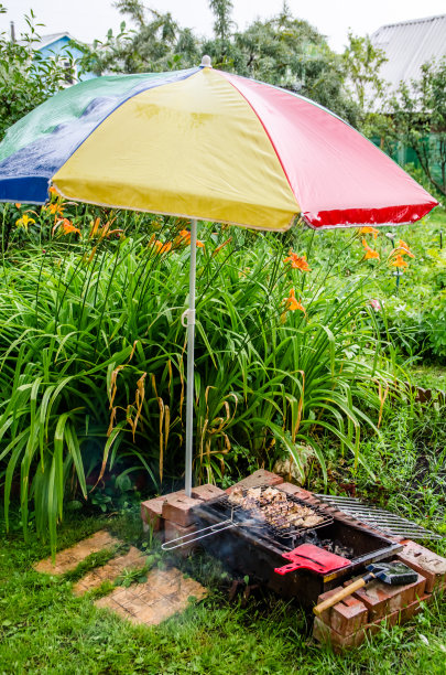 雨中的烤肉串在伞下的烤架上烤着图片下载