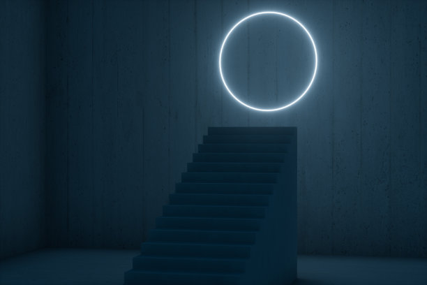 楼梯在黑暗的地下室发光的线条，3d渲染。图片下载