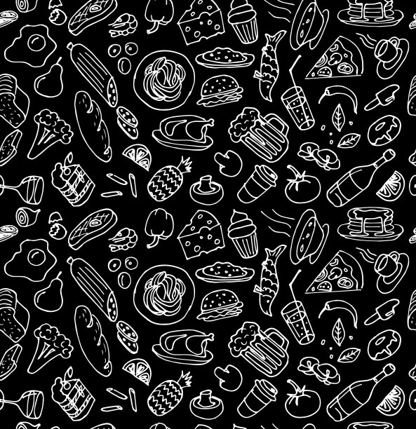 各种手绘美食烹饪菜肴涂鸦轮廓白色粉笔素描无缝图案上的黑色背景。矢量绘制烹饪卡通艺术插图图片下载