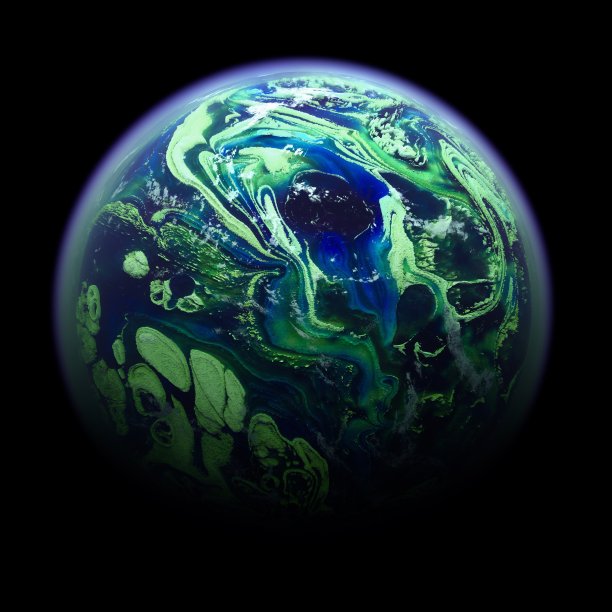 抽象的绿色杨行星地球与紫色大气在黑色背景的3d渲染图片下载