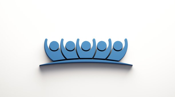 朋友团队合作5人。3D蓝色渲染插图图片下载