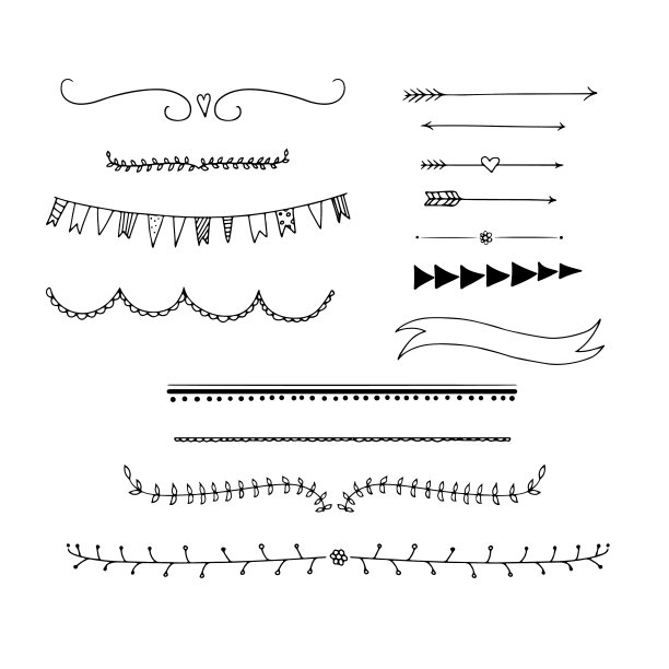 一套手绘线条插图。树叶和树枝，箭和花环，旗帜和旗帜。黑与白。图片下载
