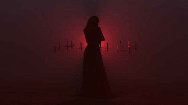 黑色诱惑的吸血鬼魔鬼在未来的高级定制全身包裹长袍和颠倒漂浮十字架抽象的恶魔在雾空图片下载