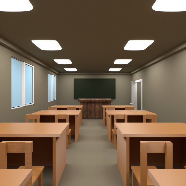 木制桌子和椅子与绿色空白黑板。有窗影，3D渲染背景图片下载