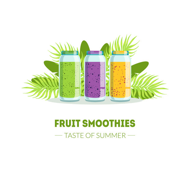 新鲜冰沙口味的夏季横幅模板与维生素饮料鸡尾酒，天然素食健康食品，邀请，卡片，海报，飞行矢量插图图片下载