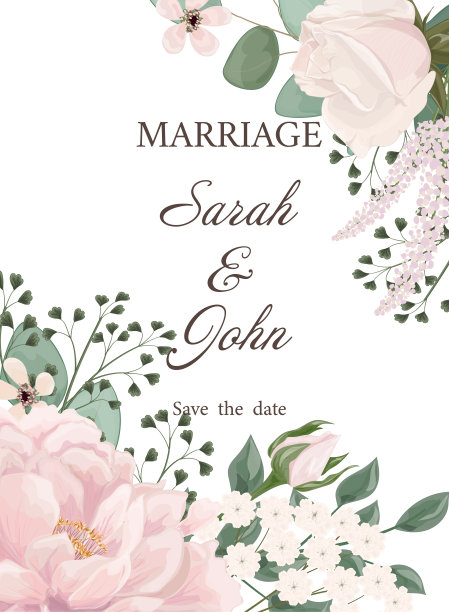 婚礼请柬用花牡丹和叶，水彩，孤立上白。图片下载