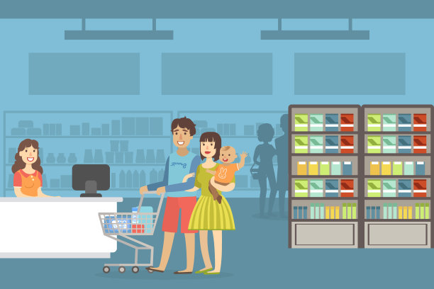 快乐的家庭购物在超市，微笑的零售女收银员和愉快的父母和他们的蹒跚学步的婴儿，母亲支付购买与卡片矢量插图图片下载