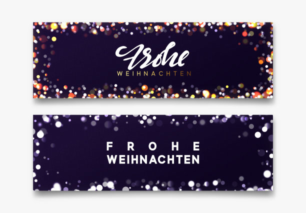 德语Frohliche Weihnachten翻译为圣诞快乐。横幅圣诞快乐和新年快乐，深蓝色背景手写书法文字，明亮的散景灯光。图片下载