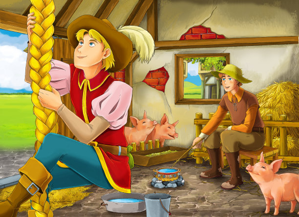 王子或国王和农场主在谷仓猪圈的卡通场景图片下载