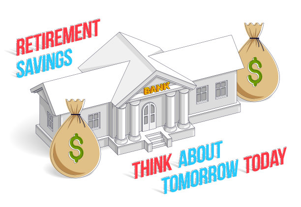 退休储蓄概念，银行大楼与钱袋卡通孤立在白色背景。三维矢量商业和金融插图，等距细线设计。图片下载