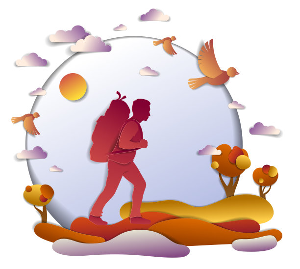 年轻活跃的男子徒步在秋天与大自然的草原和树木，矢量插画美丽的秋天风景景观，鸟在天空，度假。图片下载