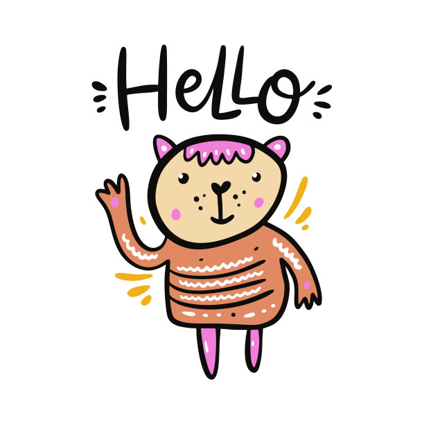 可爱的卡通女孩泰迪熊手绘矢量插图和hello标志字母。图片下载