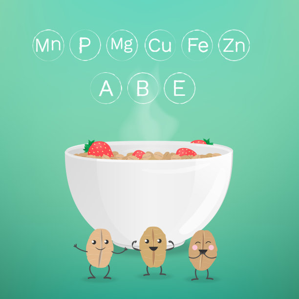 矢量插图与麦片碗，微笑的卡通人物和维生素和矿物质的名字。图片下载