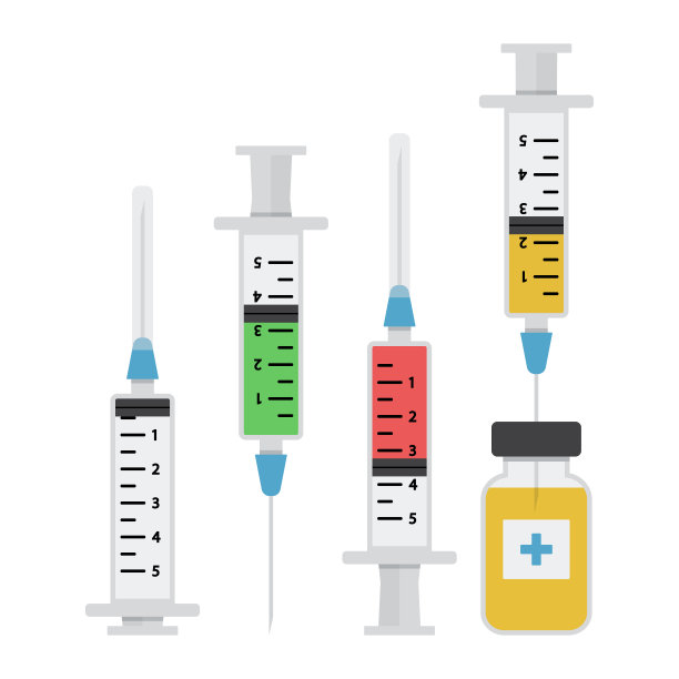 注射用空注射器，彩色疫苗注射器，药瓶。向量图片下载