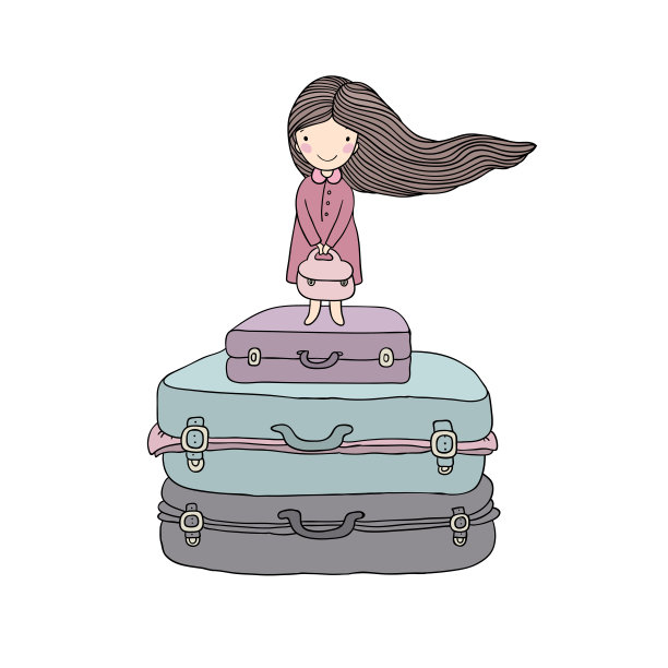快乐的旅行。可爱的卡通女孩和行李箱。一路平安图片下载