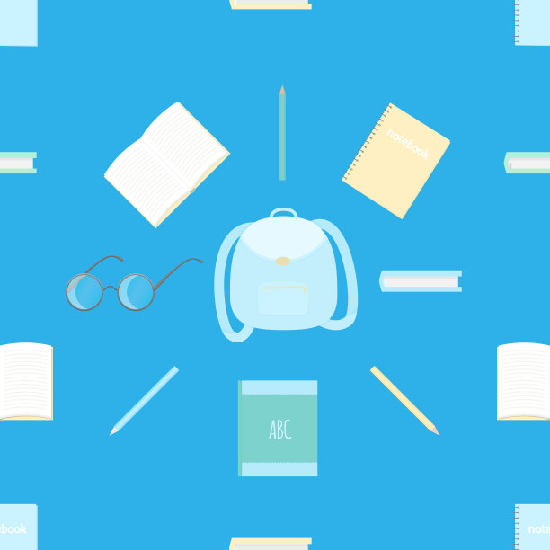 矢量无缝模式与书包，书籍，铅笔和眼镜在蓝色的背景。图片下载