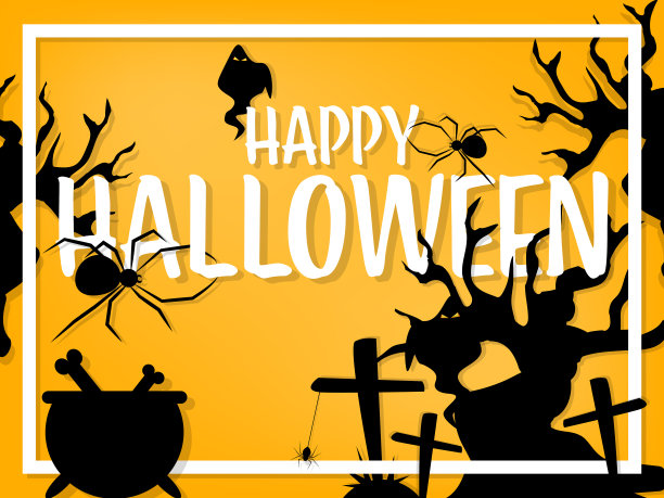 万圣节背景与鬼屋与满月，万圣节元素，蜘蛛，蜘蛛网和万圣节快乐的文字。素材图片