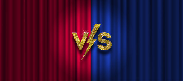 红色和蓝色窗帘背景上的闪光金色与标志。VS标志用于游戏、战斗、表演、表演、比赛、运动或格斗比赛，游戏对抗赛的概念。与矢量图图片下载