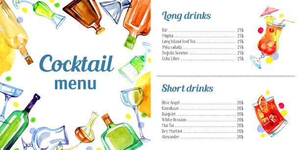 菜单栏设计模板。彩色玻璃酒瓶和酒杯。水彩手绘素描插图图片下载