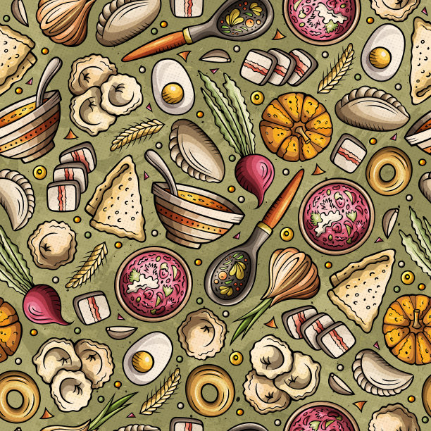 卡通手绘俄式食品无缝图案图片下载