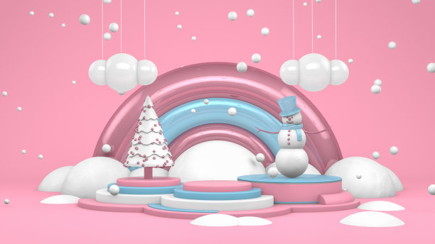 冬季概念与空产品站，平台，雪人和雪松树图片下载