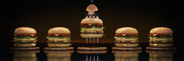 一个小汉堡卡在叉子里。充足营养的概念。三维渲染图片下载