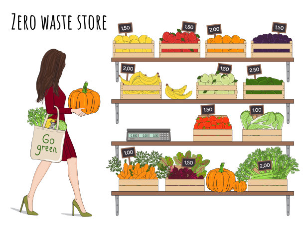 女孩用环保袋买蔬菜和水果图片下载