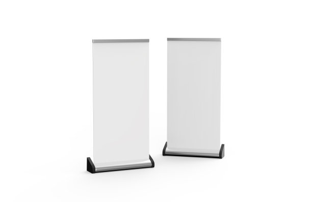 空白的空白的业务卷和standee横幅显示模拟模板，为您的设计演示，3d插图图片下载