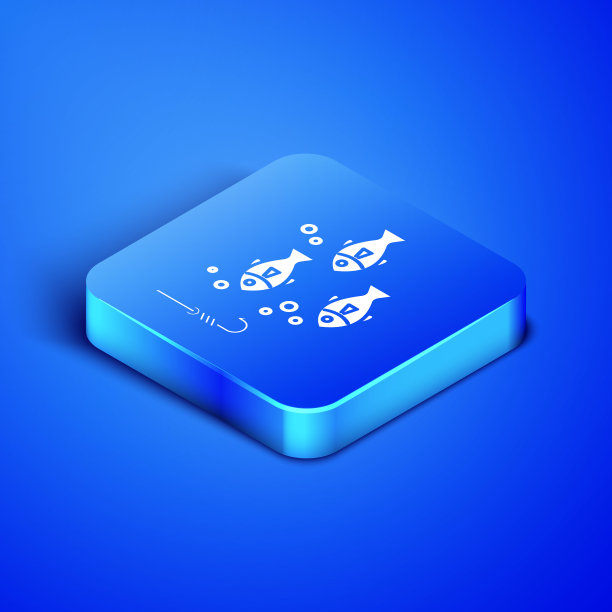 等距钓鱼钩在水中与鱼图标隔离在蓝色背景。渔具。蓝色方块按钮。矢量图图片下载