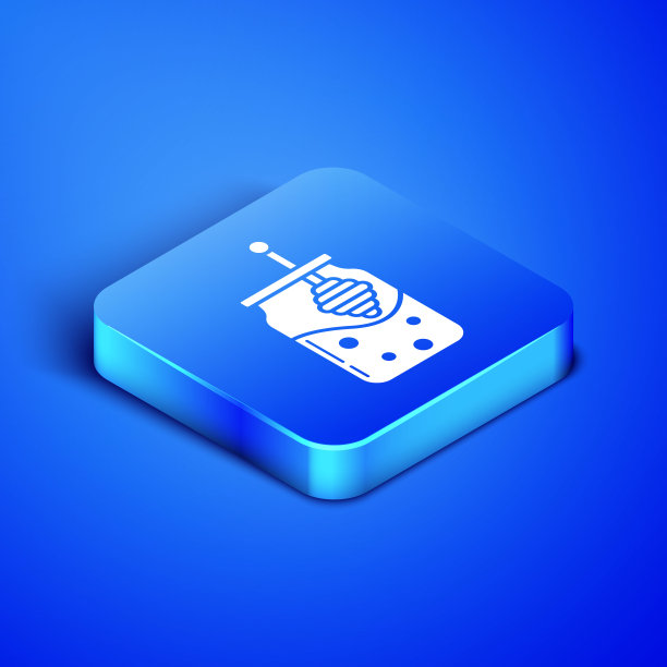 蜂蜜和蜂蜜斗棒图标隔离在蓝色背景的等距罐。食物银行。甜天然食品的象征。蜂蜜包。蓝色方块按钮。矢量图图片下载