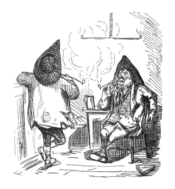 英国讽刺漫画漫画插图-两个男人在室内抽烟斗图片下载