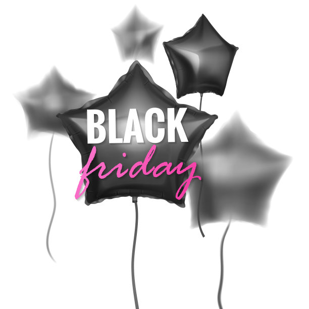 黑色星期五销售横幅装饰的三维光泽气球黑色与模糊效果的白色背景图片下载
