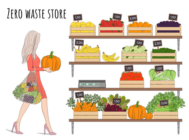 女孩用环保袋买蔬菜和水果图片下载