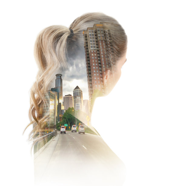 多次曝光一个女人，高速出口和城市景观图片下载