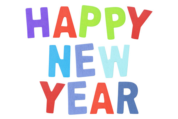 7、五彩木字母新年快乐孤立在白色背景上图片下载