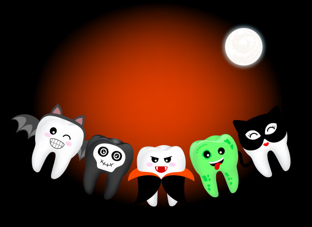 滑稽可爱的卡通牙齿人物。魔鬼，德古拉，蝙蝠，黑猫和僵尸在月夜。图片下载