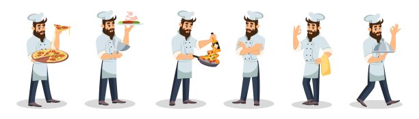 大胡子厨师戴着帽子，围着围裙做饭，端着盘子图片下载