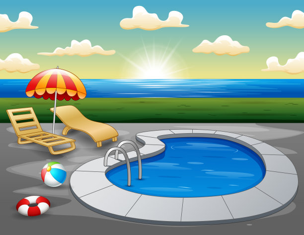 早上海滩上的游泳池景观图片下载