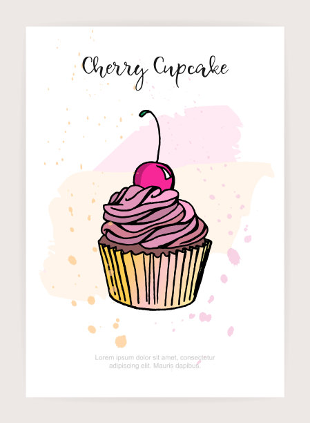 手绘樱桃纸杯蛋糕。图片下载
