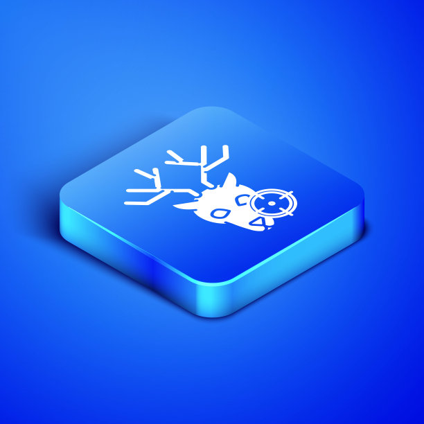 等距狩猎鹿与十字准星图标隔离在蓝色背景。狩猎俱乐部的标志上有鹿和目标。瞄准鹿的步枪镜头。蓝色方块按钮。矢量图图片下载