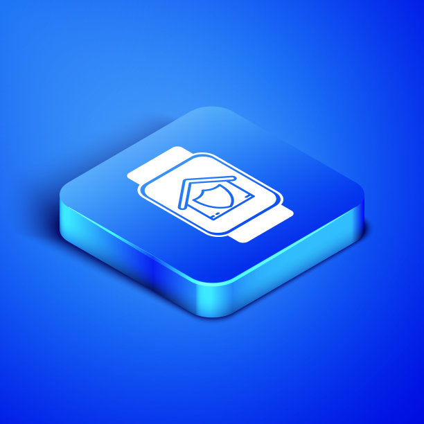 等距智能手表与房屋保护图标隔离在蓝色背景。保护、安全、保障、保护、防御的理念。蓝色方块按钮。矢量图图片下载