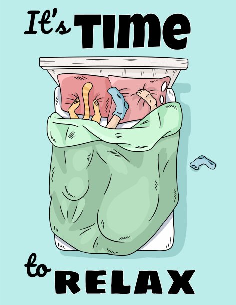 是时候放松一下了。人和猫睡在床上。腿放在枕头上的搞笑场景。前视图。卡通风格形象图片下载