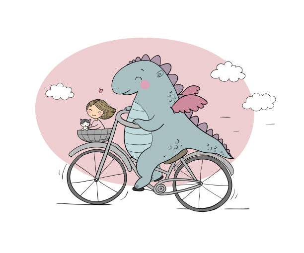一个有趣的卡通恐龙在自行车上。可爱的龙旅行者，女孩和猫。图片下载