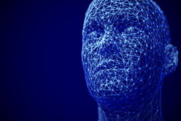 人工智能或深度机器学习概念:多边形男性脸。数字人类或机器人头部-抽象可视化的未来技术和神经网络。EPS 10，矢量图图片下载