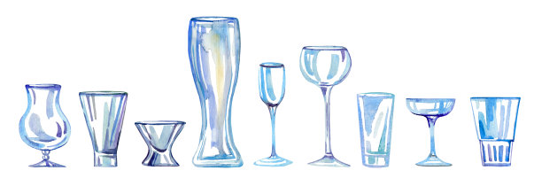 不同类型的酒杯。水彩手绘素描插图集图片下载