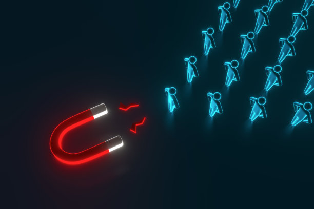 特写吸引蓝色人物与马蹄磁铁在蓝色背景。3D渲染图片下载